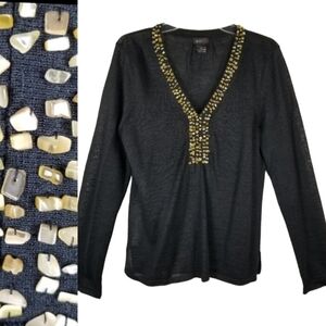 Evie Womens Soft Linen Long Sleeve V Neck Top Size L Black Embellished Neckline